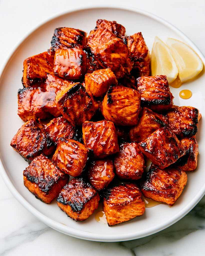 Crisp blackened salmon bites with a glossy hot honey glaze stacked on a round white plate beside fresh lemon wedges