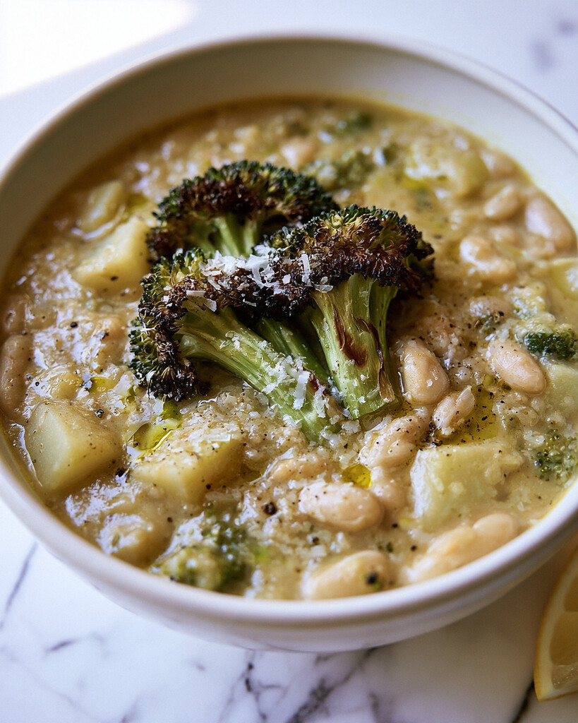Creamy white bean and potato soup garnished with dark charred broccoli florets and freshly grated Parmesan