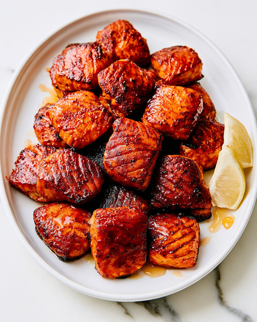 Glossy hot honey blackened air fryer salmon bites on an oval white platter with lemon wedges and honey drops