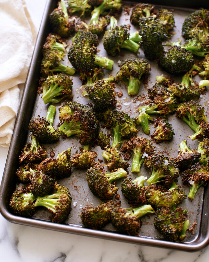 Bite-sized broccoli florets spread on a rimmed baking sheet with dark brown, crispy roasted edges