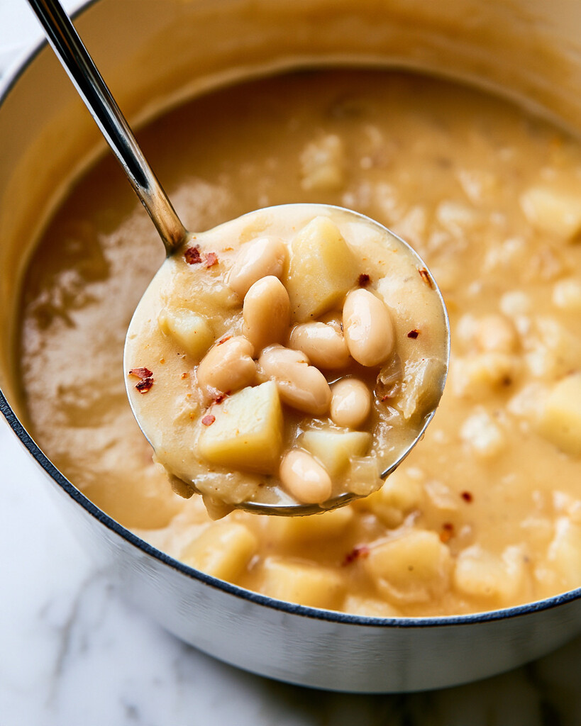 Ladle lifting creamy blended soup base with whole white beans and tender potato cubes still visible